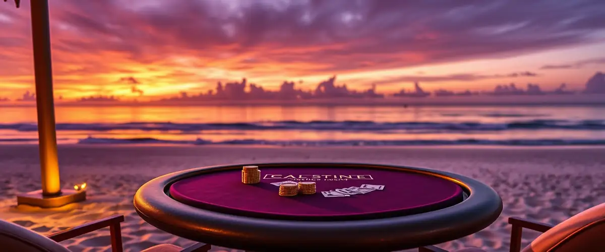 Table de blackjack sur la plage au coucher du soleil — casino gratuit août 2026