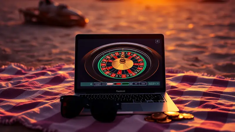 Ordinateur portable avec une roulette en ligne sur une serviette de plage — jouer gratuitement en août