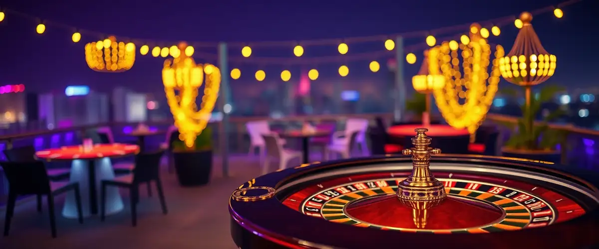Terrasse de casino en été, roulette et jetons dorés — casino gratuit juin 2026