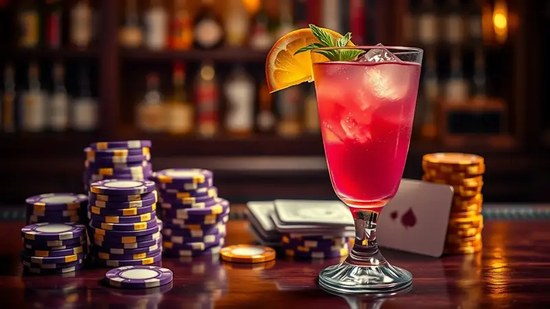 Cocktail d’été et jetons de casino violets et dorés — offres gratuites de juin