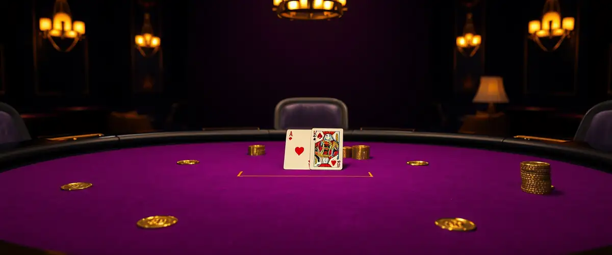 Table de blackjack au tapis violet, un as et un roi, jetons dorés