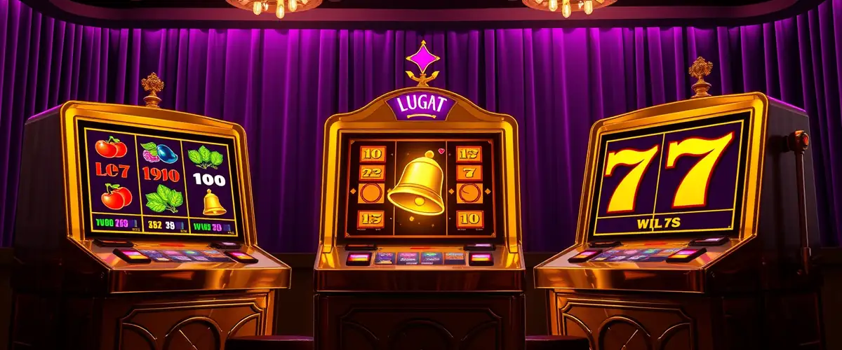 Machines à sous dorées aux rouleaux illuminés dans un salon violet